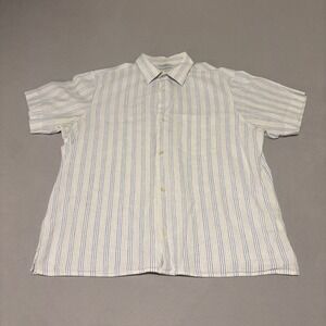 Banana Republic Mens XL Blue White Striped Linen Cotton Short Sleeve Casual